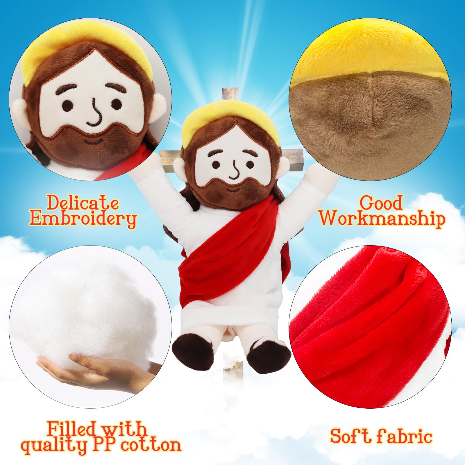 Yelakey Jesus Plush with red shawl, comforting decor for holidays and prayers.