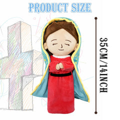 Guadalupe plush Mary doll displayed in a living room setting for serene ambiance.