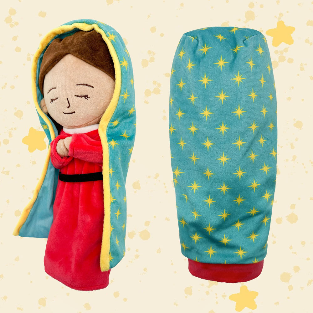 Red Guadalupe plush Mary doll adds festive charm to Christmas decor.