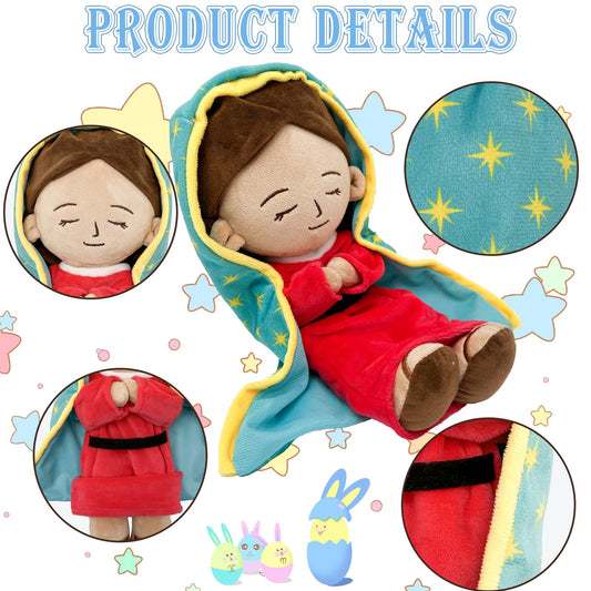 Close-up of soft fabric on Yelakey Guadalupe plush Mary doll for gentle touch.