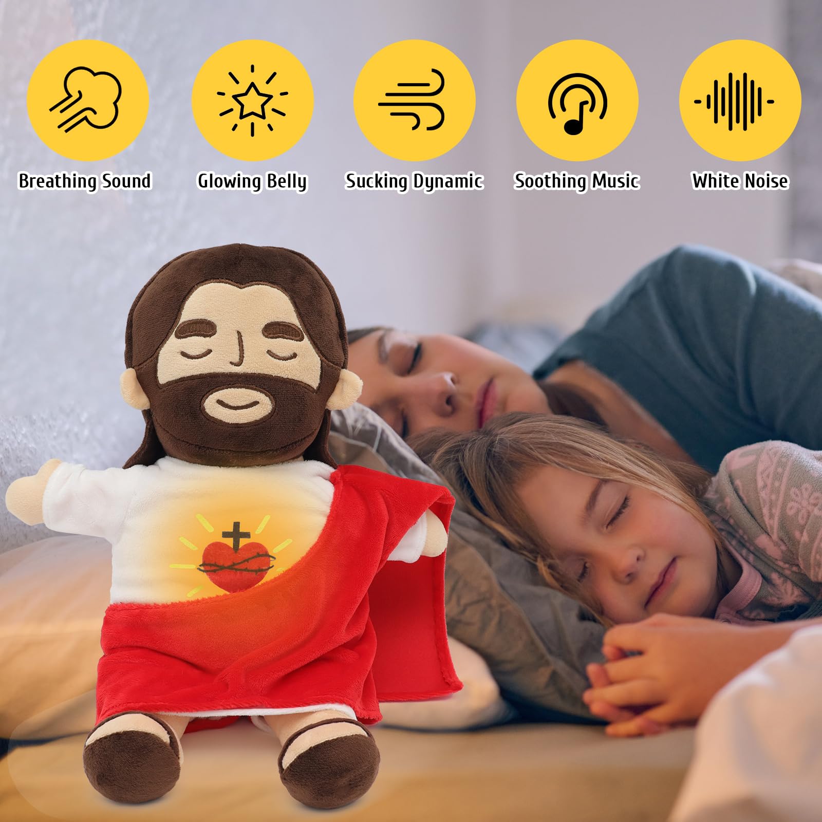 Yelakey Jesus plush for bedtime snuggle, providing comforting breathing rhythm.