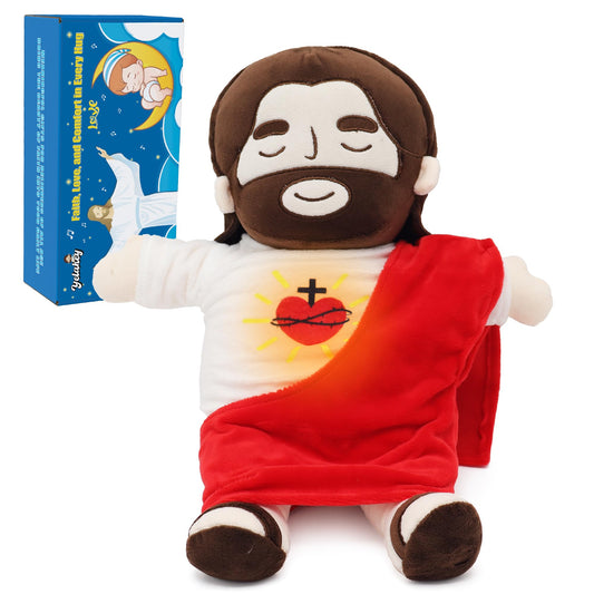Yelakey Jesus plush with breathing motion for calming bedtime comfort.