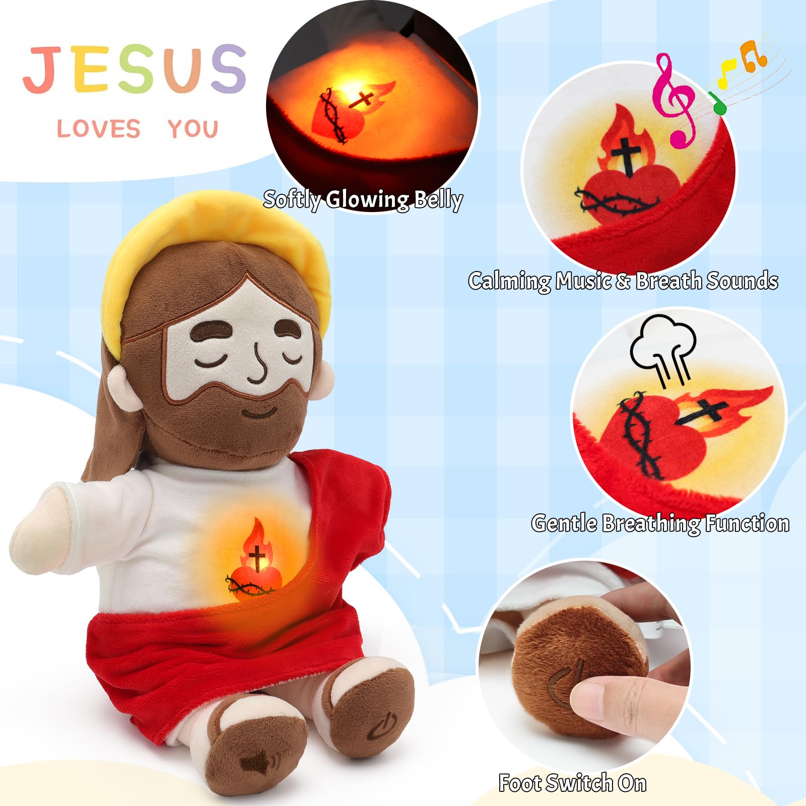 Yelakey haloed Jesus plush provides soft materials for cuddly comfort.
