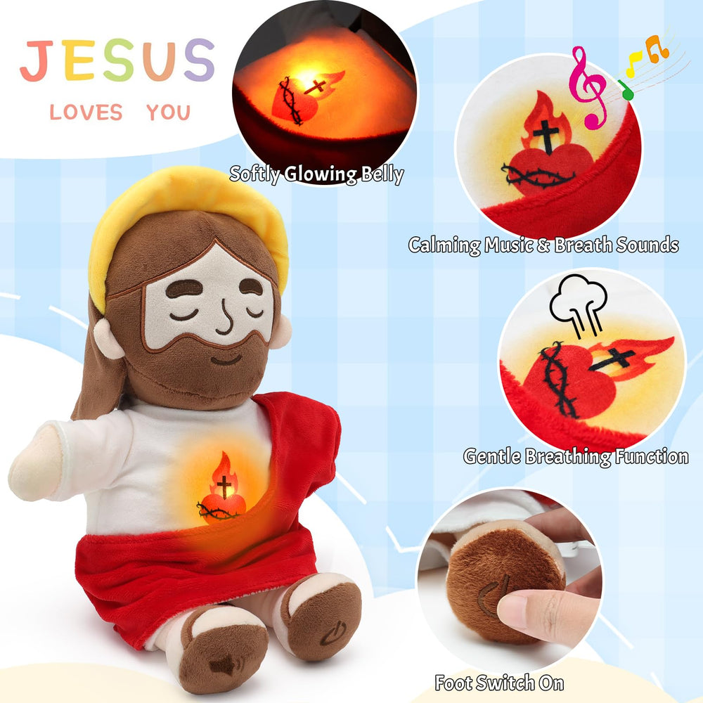 Yelakey haloed Jesus plush provides soft materials for cuddly comfort.