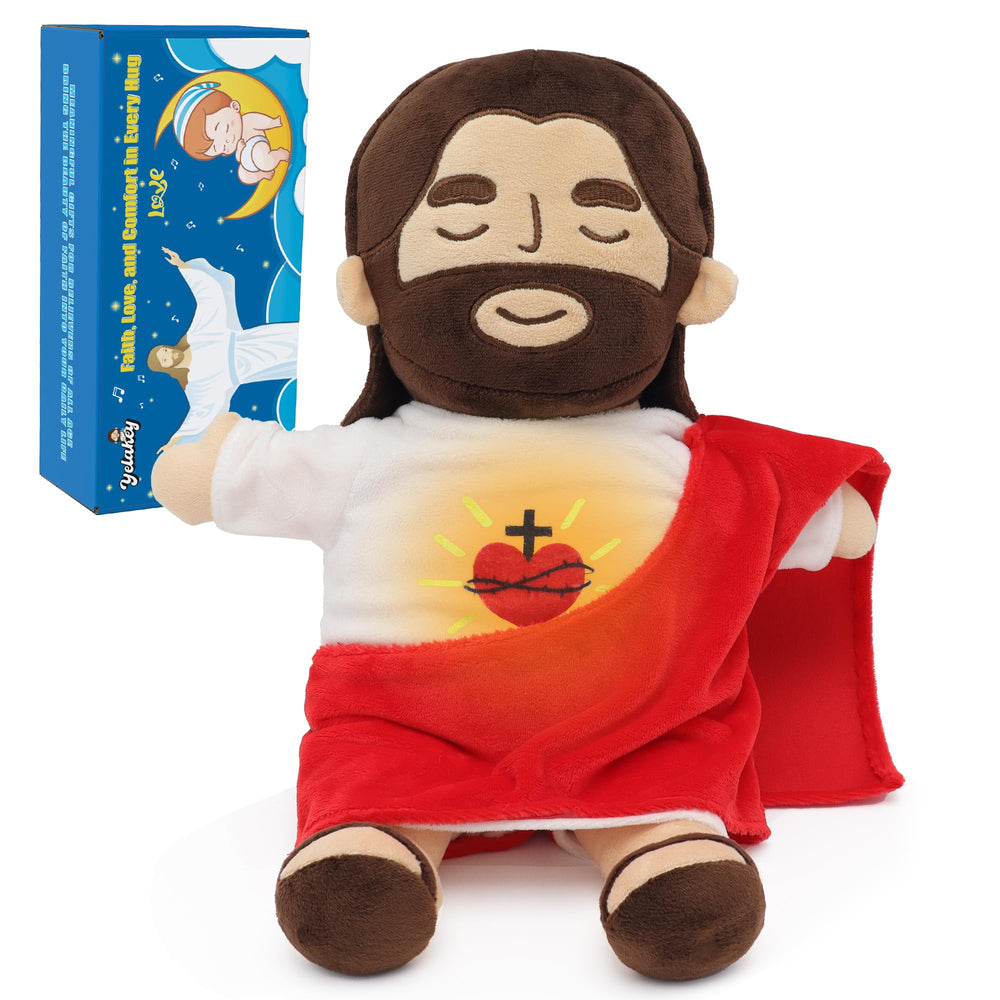 Yelakey Jesus plush breathing toy in action, a calming bedside companion for kids.