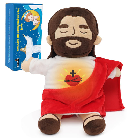 Yelakey Jesus plush breathing toy in action, a calming bedside companion for kids.