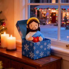 Yelakey Jesus plush shown as a christening gift option