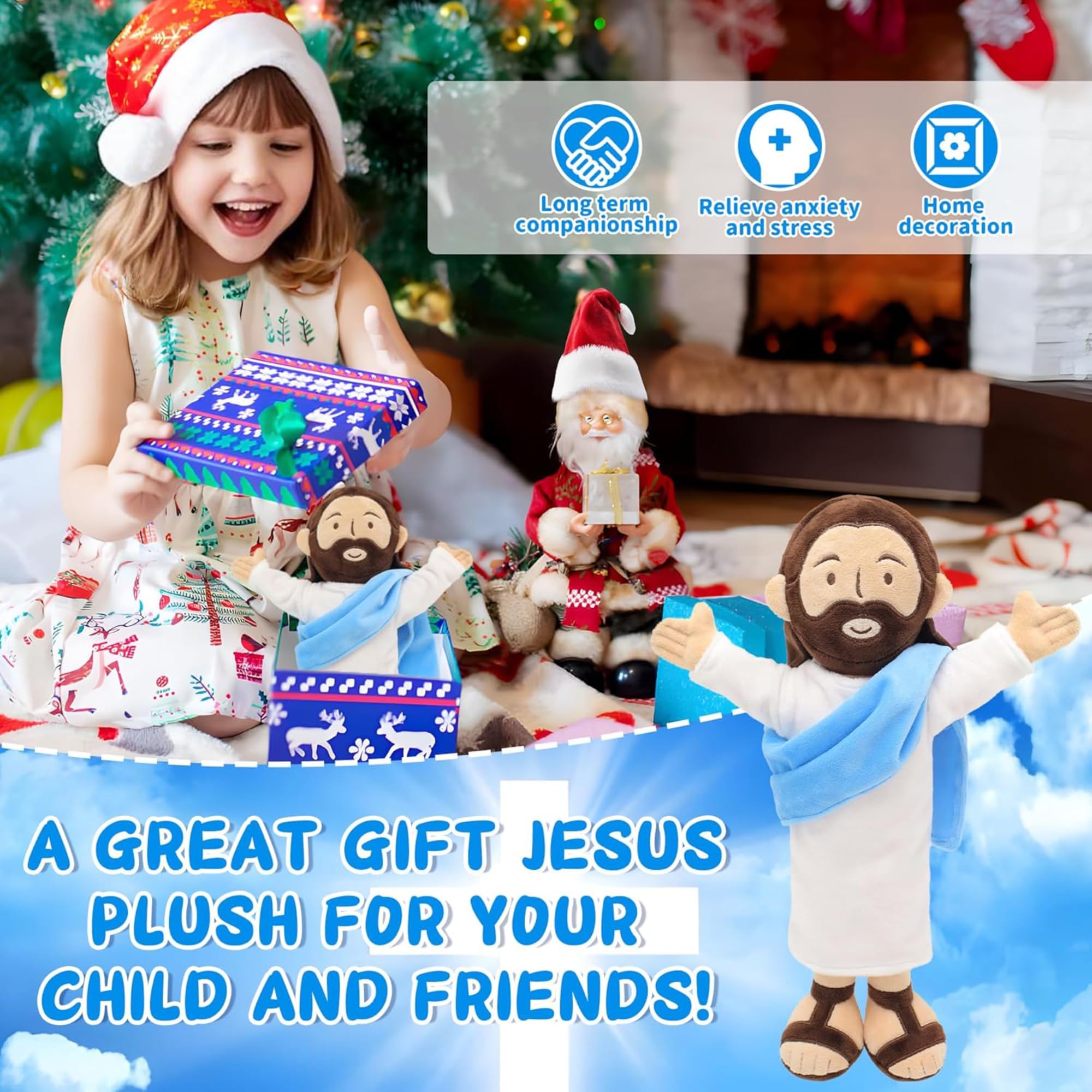 Yelakey Jesus plush close-up face, warm expression and friendly eyes.