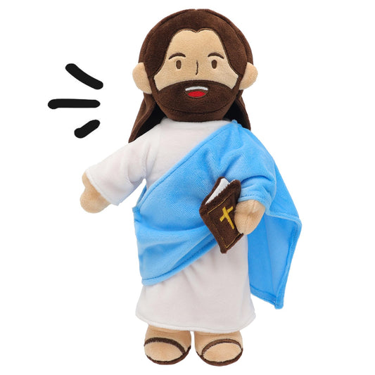 Yelakey Jesus Plush close-up face, inviting comforting moments during bedtime stories.