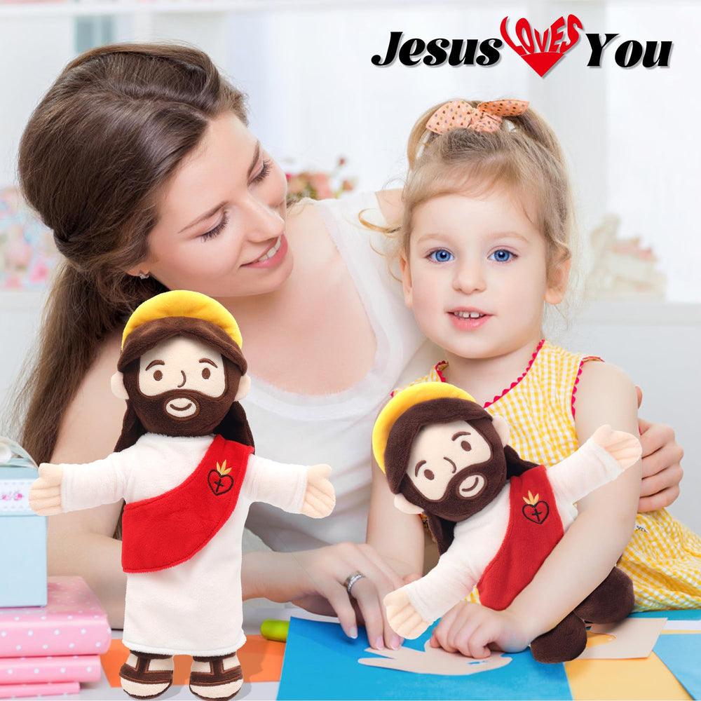 Yelakey Jesus plush doll back view, decorative and comforting home accent.