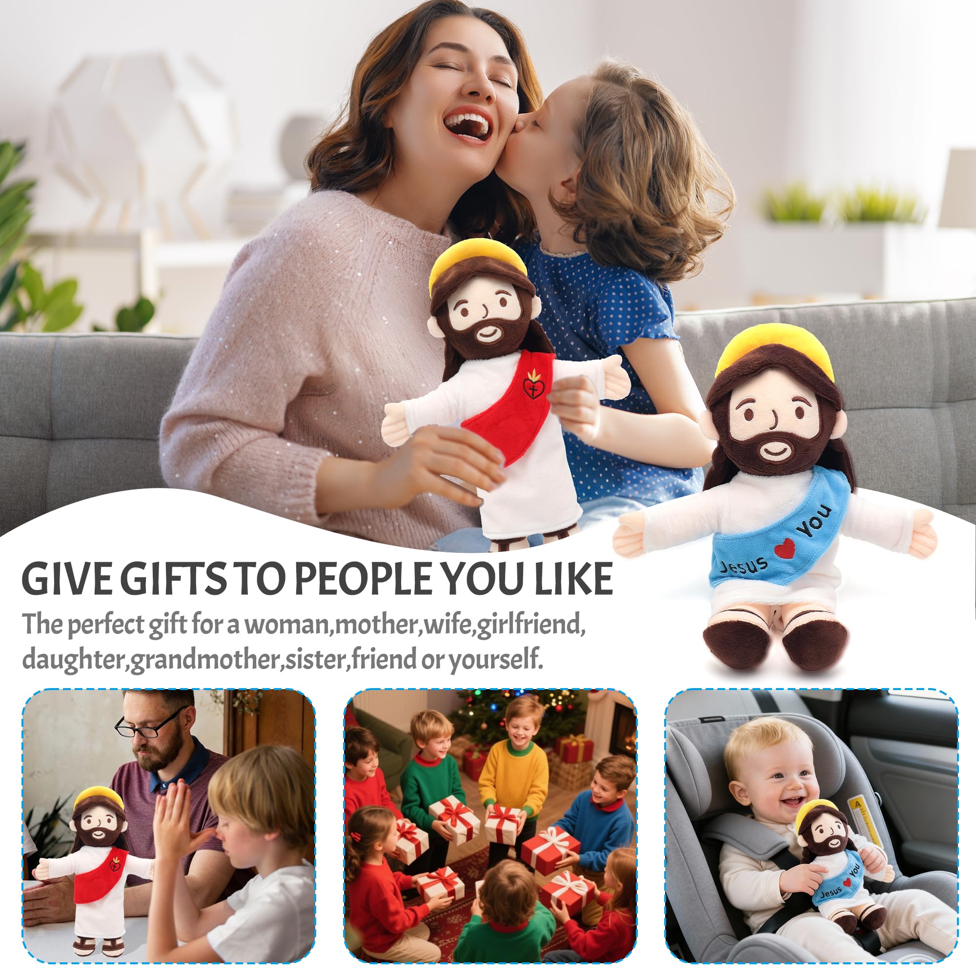 Yelakey Jesus plush doll on Christmas display, festive and comforting.