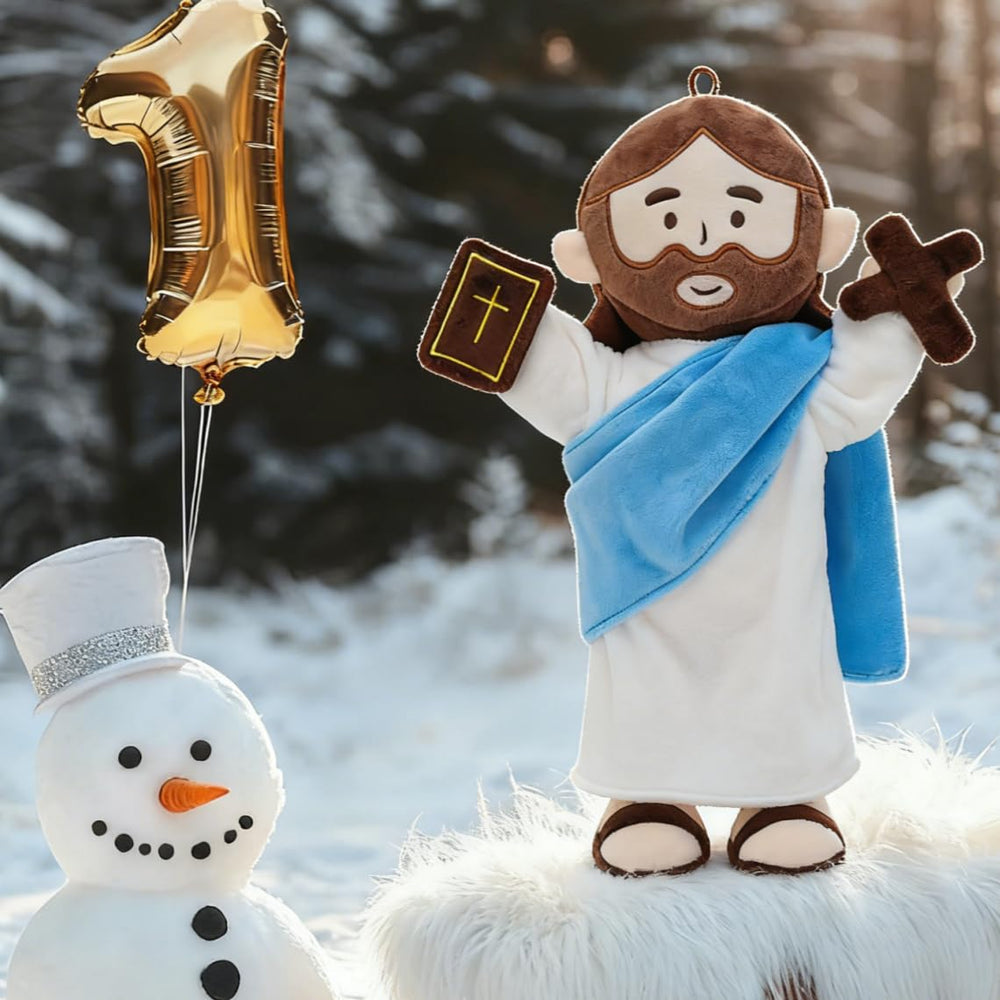 Yelakey Jesus plush doll shown as tabletop ornament in blue variant