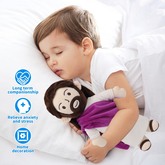 Yelakey Jesus plush face close-up showing soft fabric for comforting hugs.