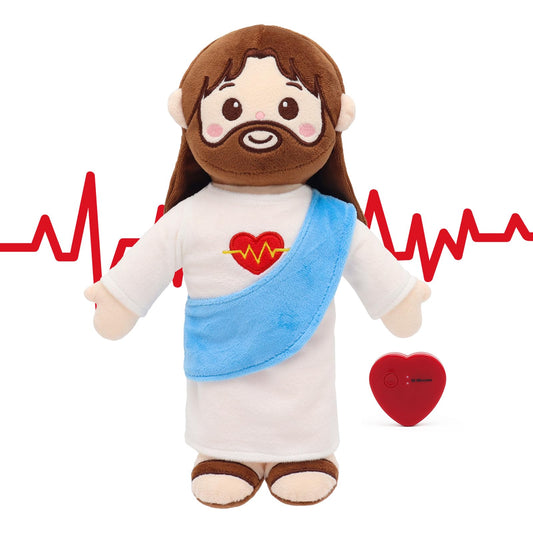 Yelakey Jesus plush facial details show a peaceful expression for cuddling.