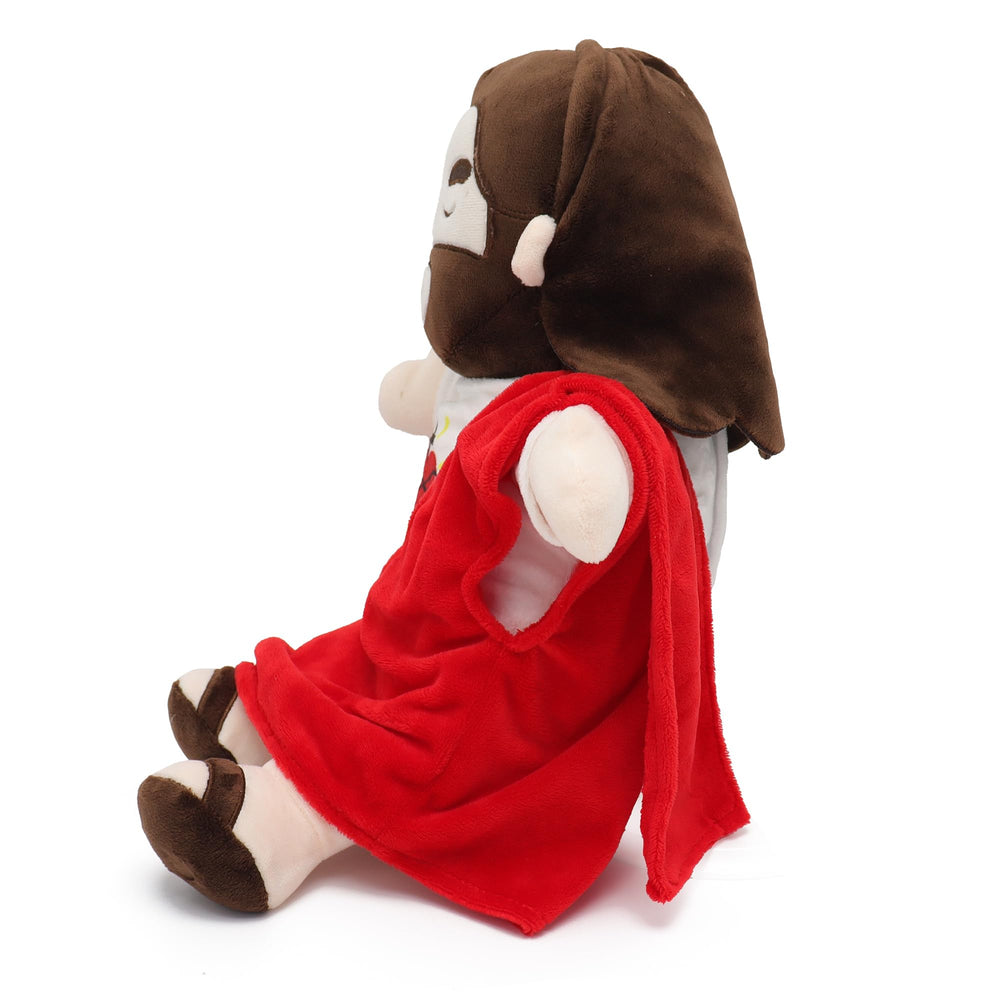Close view of Yelakey Jesus plush guardian emblem and soft details.