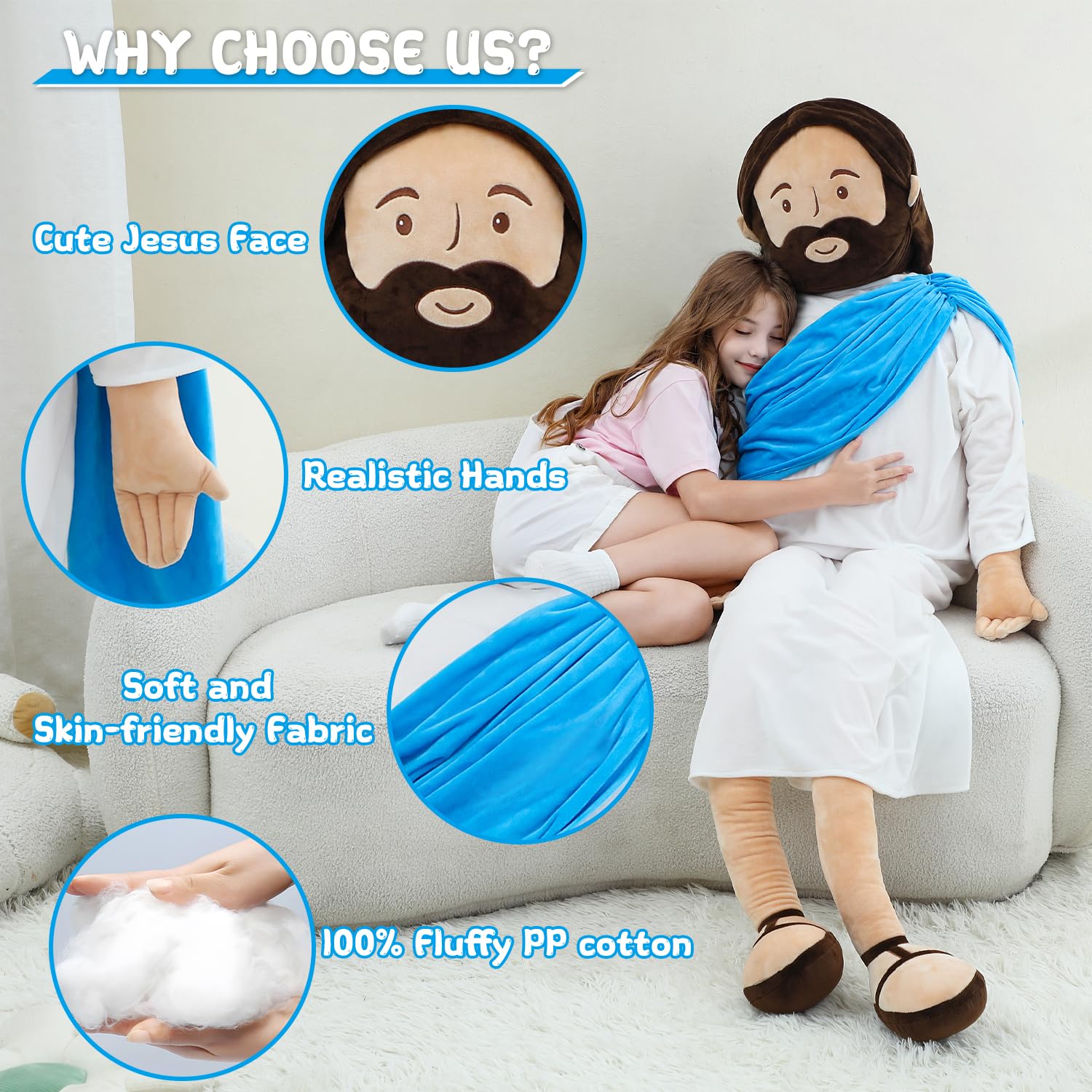 Yelakey Jesus plush soft fabric close up highlighting touch and texture