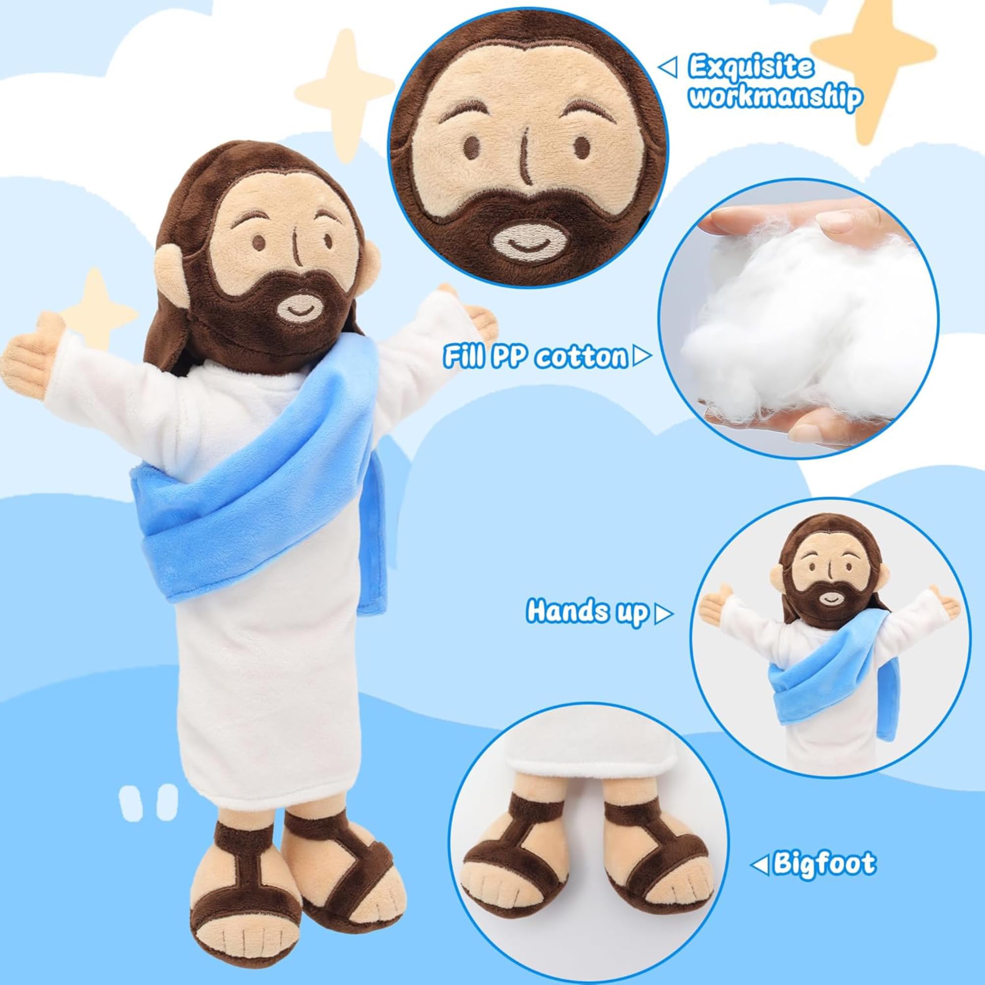 Yelakey Jesus plush with white robe blue shawl, detailed religious-inspired decor.