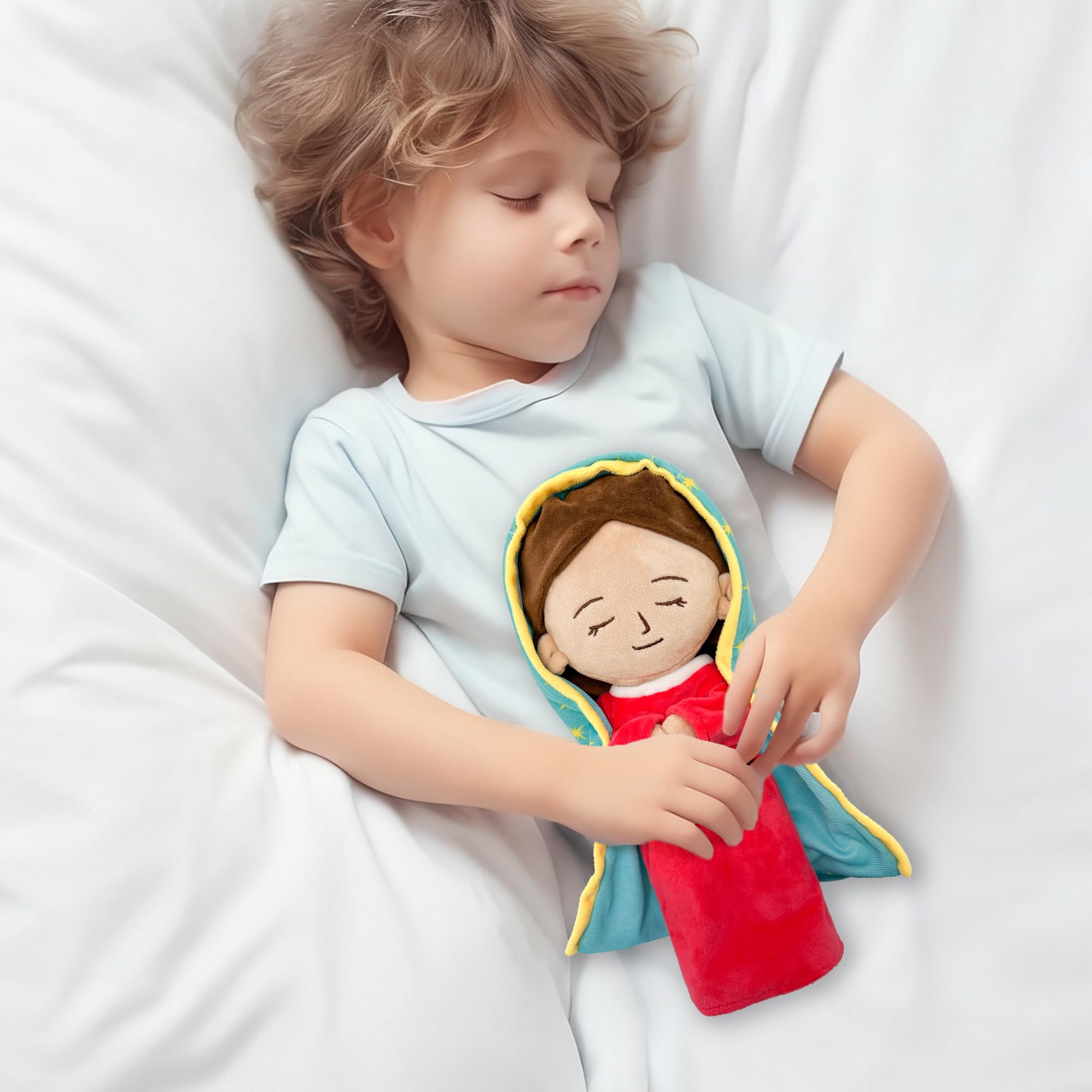 Mary plush on a tabletop decoration, adding warm decor notes.
