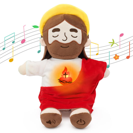 Yelakey soothing Jesus plush with a glowing belly for calming bedtimes.