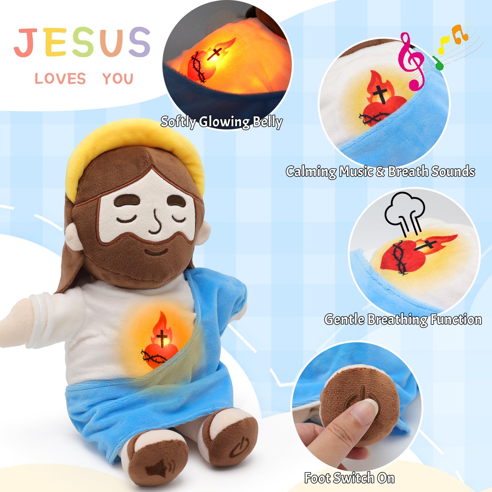 Yelakey Jesus plush halo design with belly glow creates a calming atmosphere.