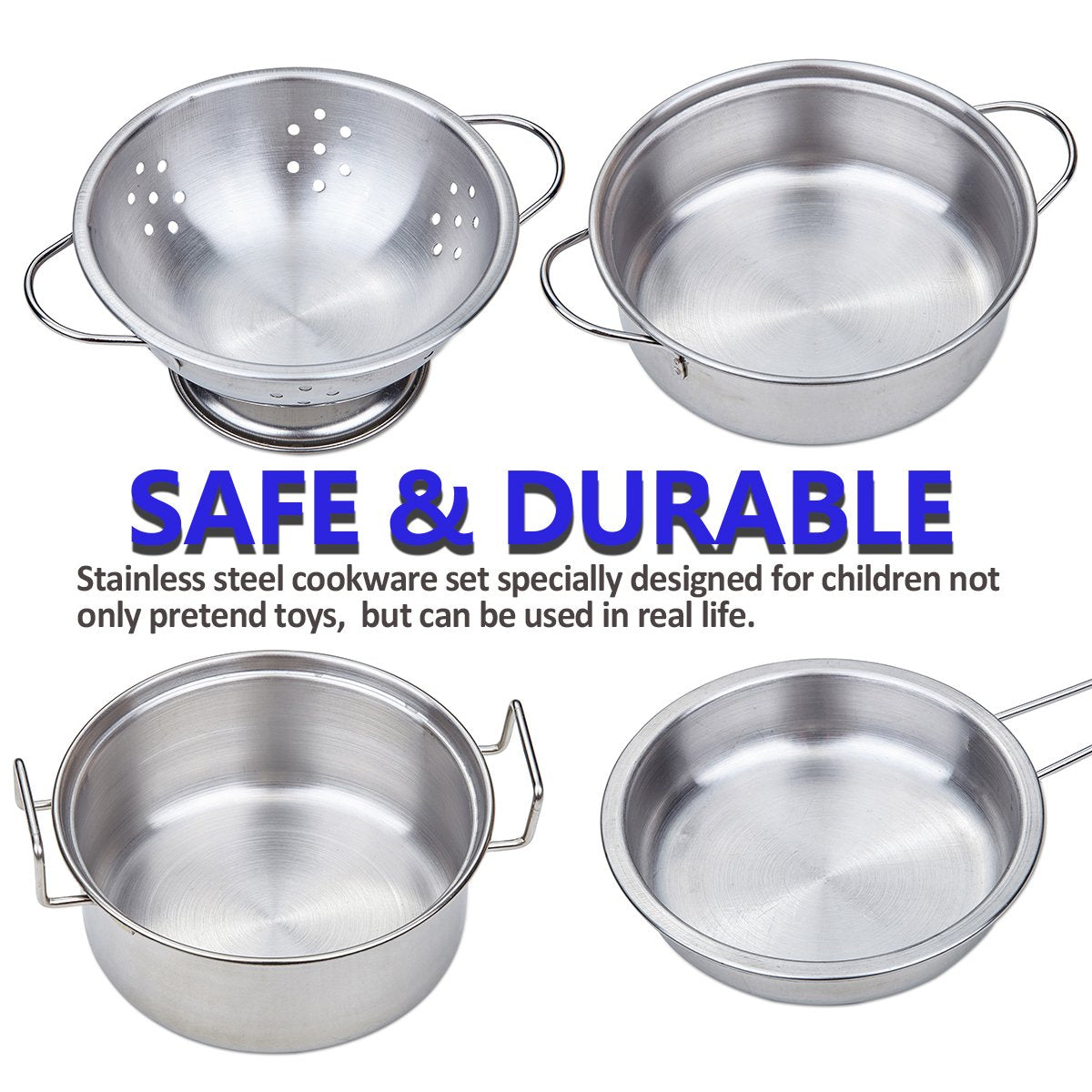 Yellora stainless steel kid cookware set with durable finish for long pretend play