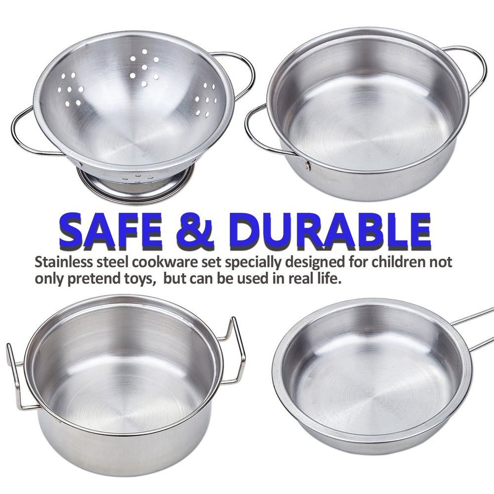 Yellora kids stainless steel cookware closeup highlights durable, safe pretend kitchen tools.