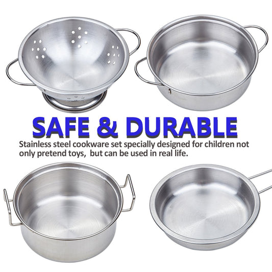Yellora kids stainless steel cookware closeup highlights durable, safe pretend kitchen tools.