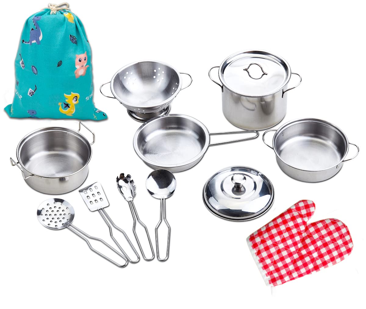 Yellora lid, colander, spoon, and spaghetti server for realistic role-play meals