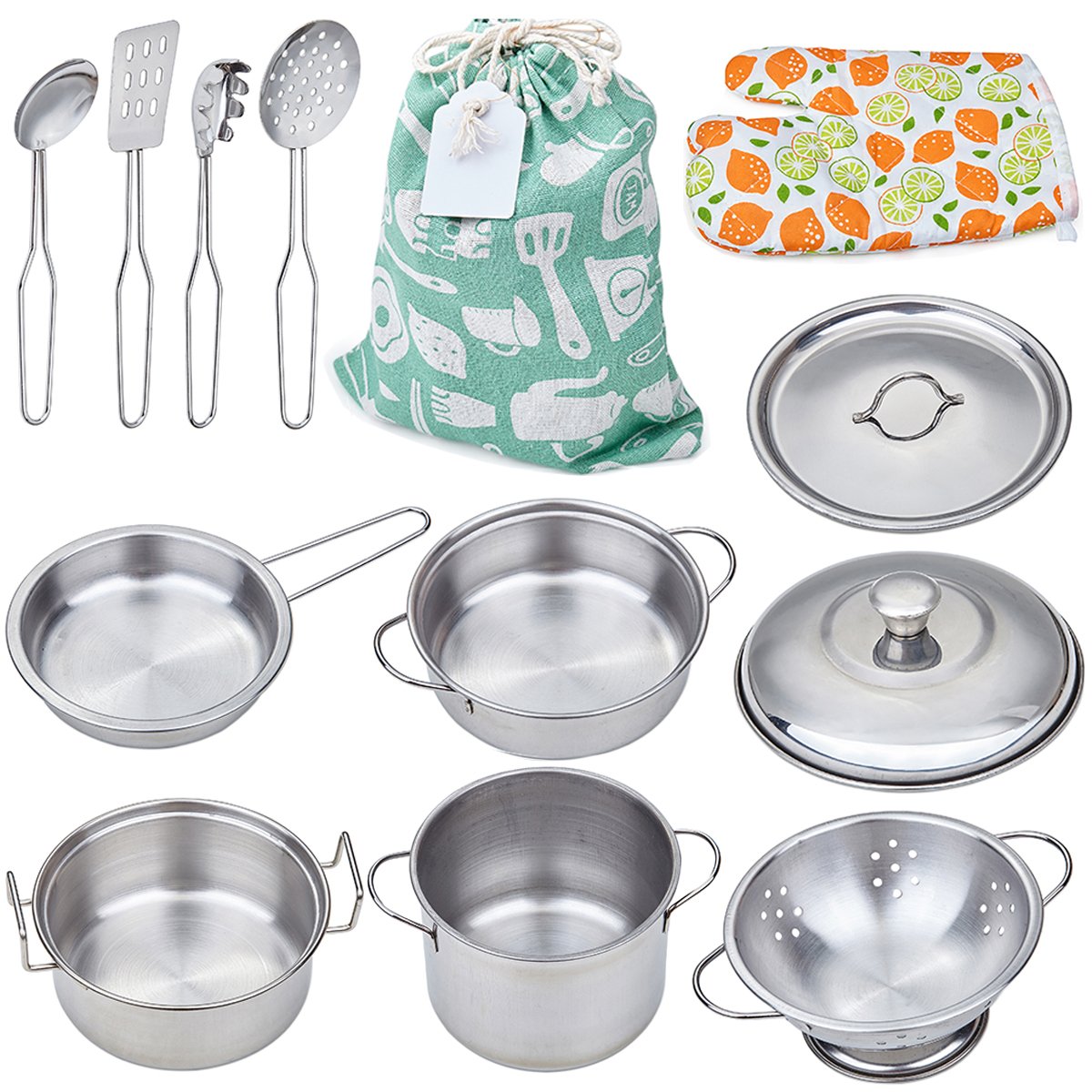 Yellora play pots and pans set closeup for realistic pretend cooking and imaginative play.