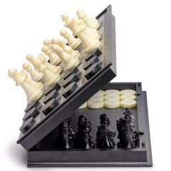 Yellow Mountain Imports 2-in-1 travel board top view for portable chess and checkers.