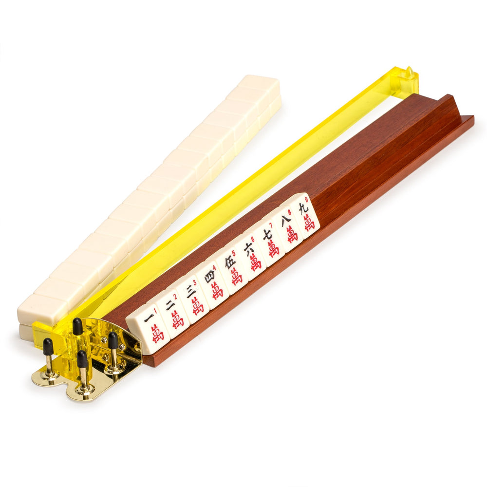 Yellow Mountain Imports American Mahjong tile pushers red angled view on rack for stable placement