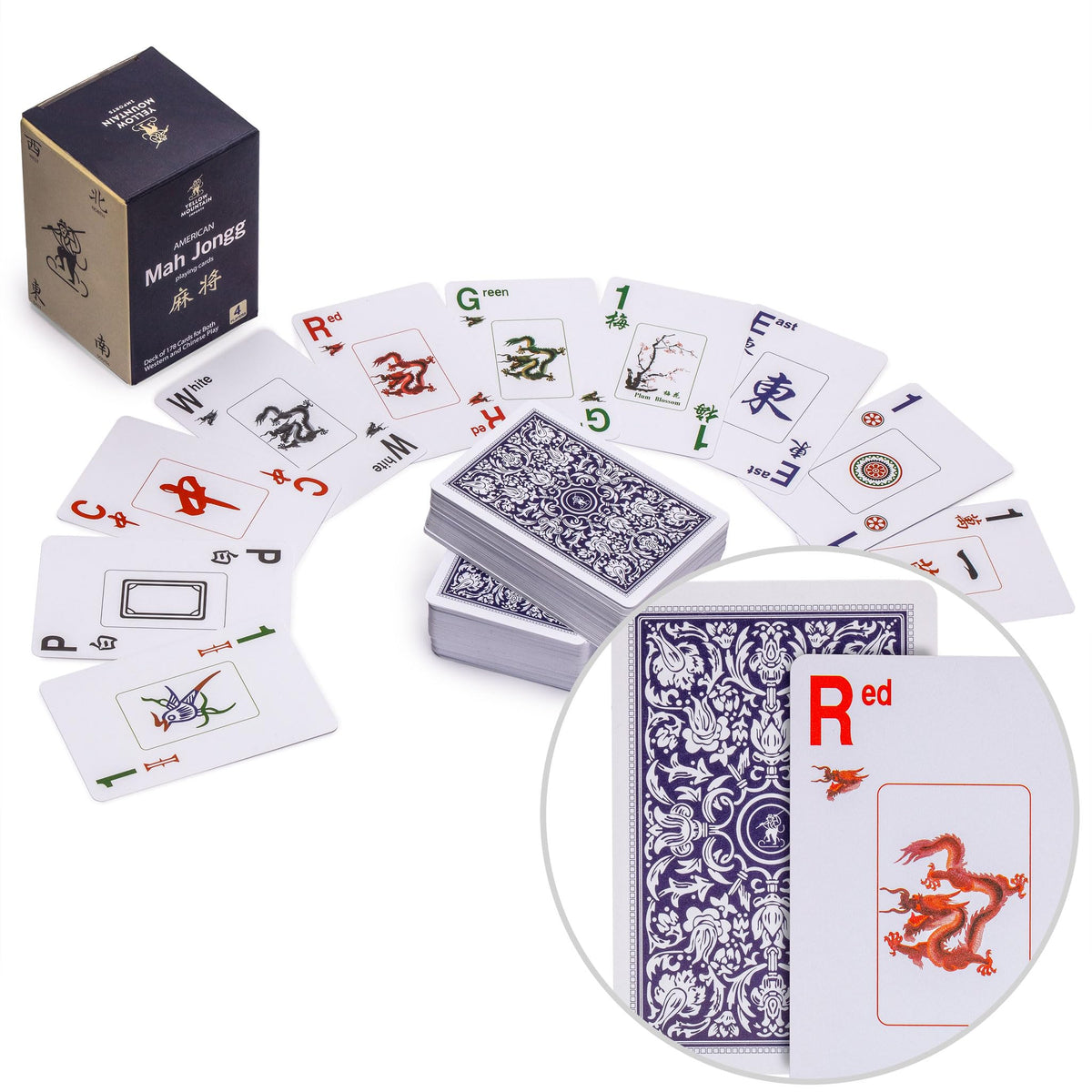 Yellow Mountain Imports American Mah Jongg cards with indigo back for elegant, travel-ready play