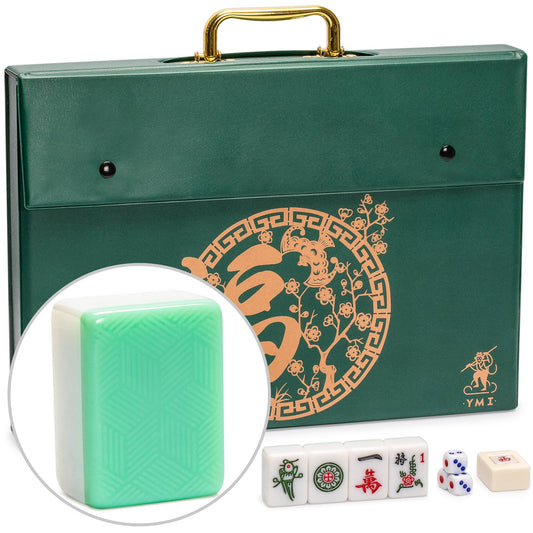 Yellow Mountain Imports Emerald Weave Mahjong tiles close-up with detailed engravings for authentic play