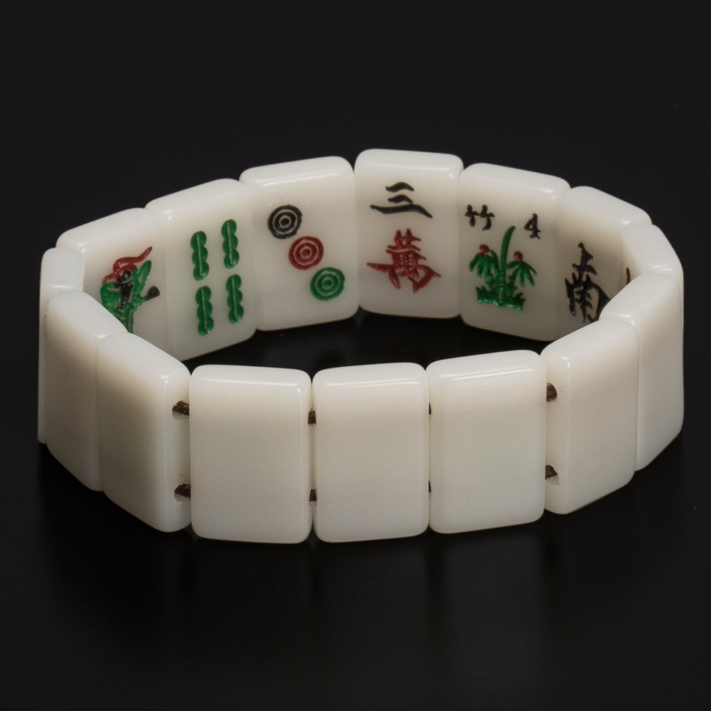 Yellow Mountain Imports Mahjong Mini-Tiles Bracelet side view, comfortable elastic fit.