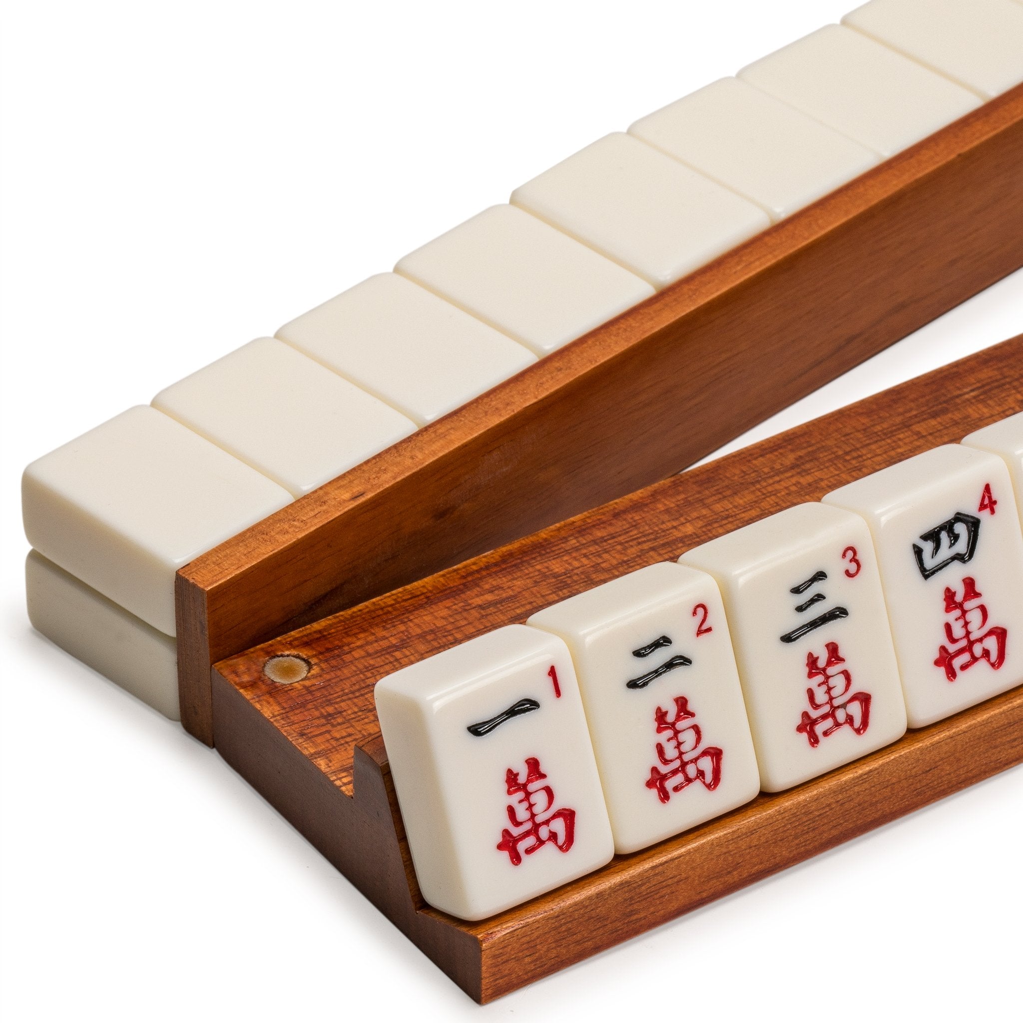 Yellow Mountain Imports mahjong racks chestnut wood, side view with smooth edges for safe play.