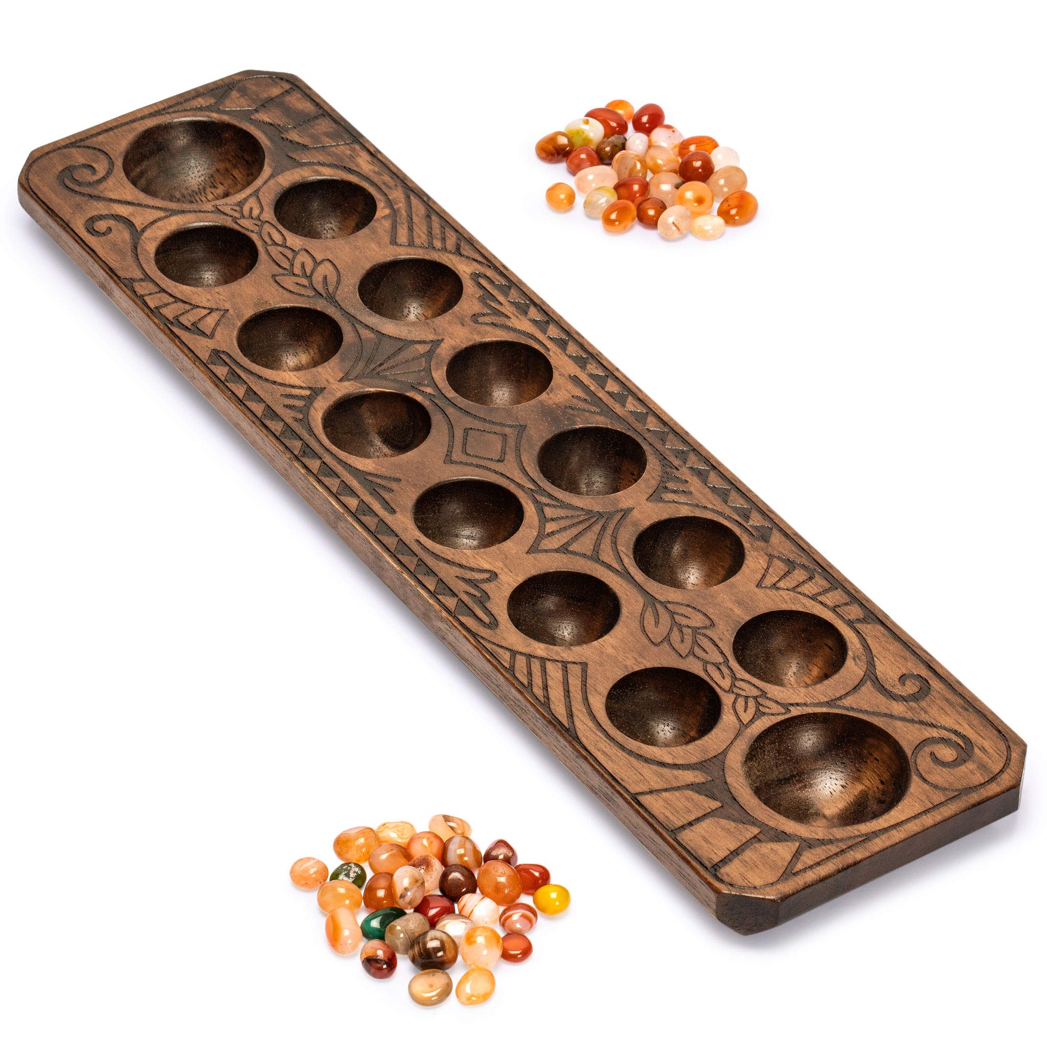Yellow Mountain Imports Mancala board motif for timeless two-player experience