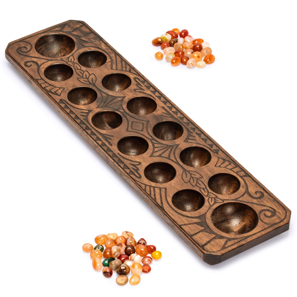 Yellow Mountain Imports Mancala board motif for timeless two-player experience