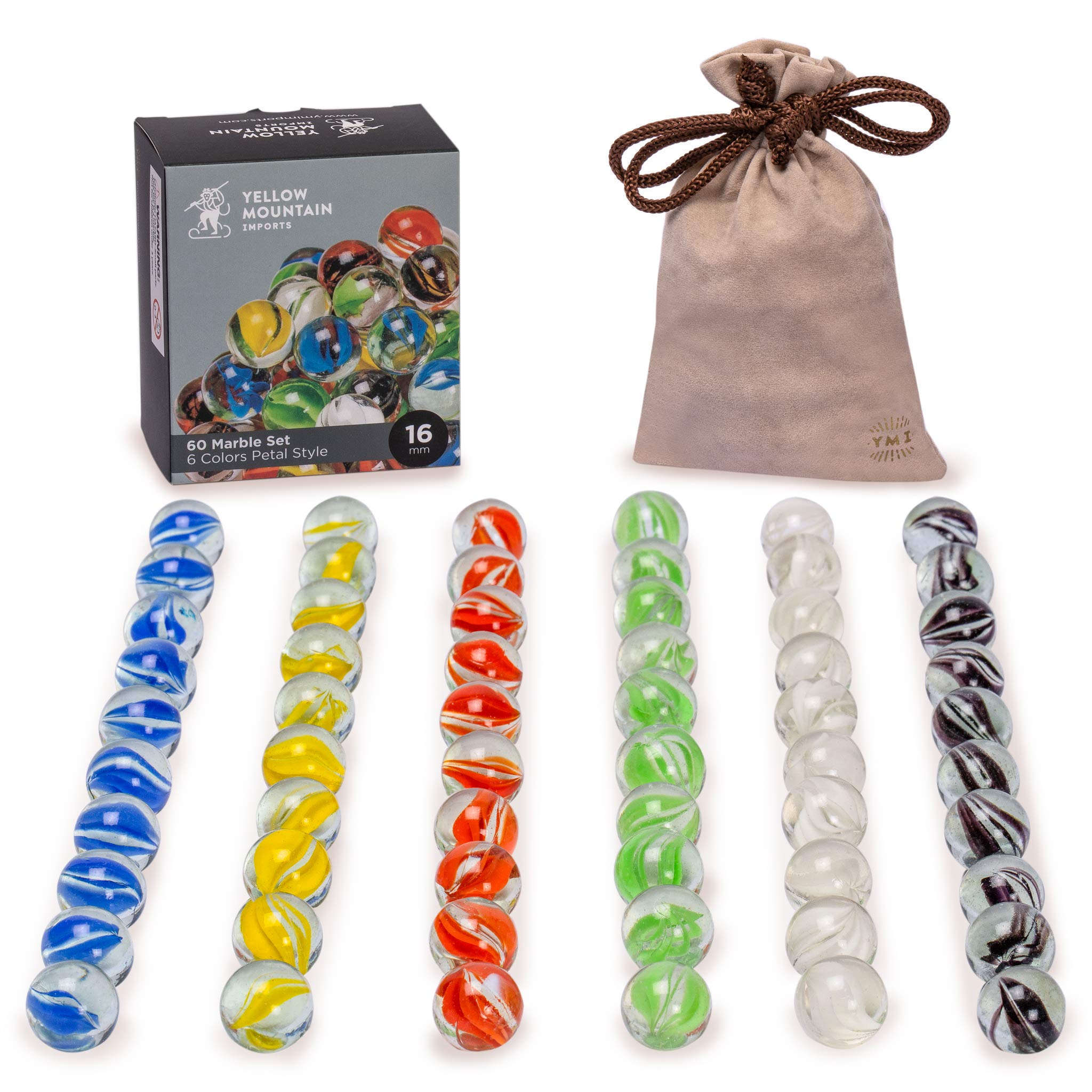Yellow Mountain Imports petal-design translucent marbles pack-shot ideal for family play.