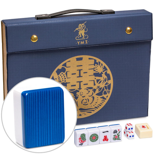 Yellow Mountain Imports Royal Azure Mahjong tiles with intricate engravings for authentic play.