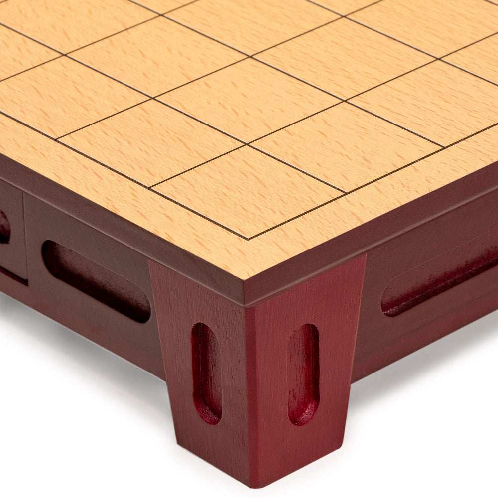 Drawers open on Yellow Mountain Imports Shogi board revealing maple koma pieces