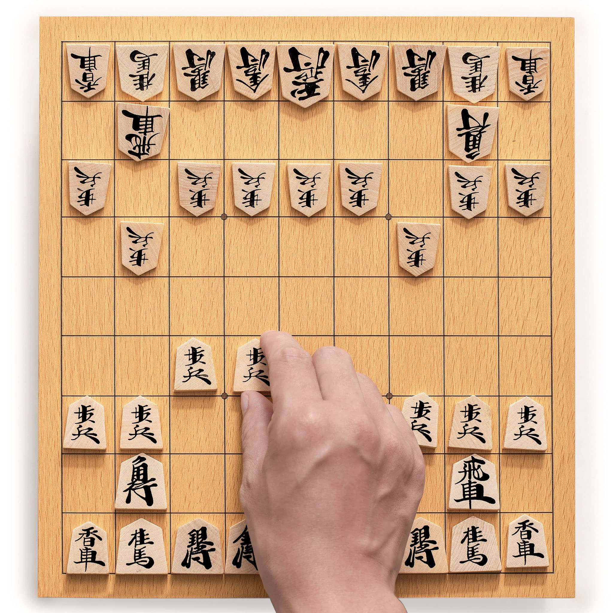 Shogi set on wood board from Yellow Mountain Imports for compact home play