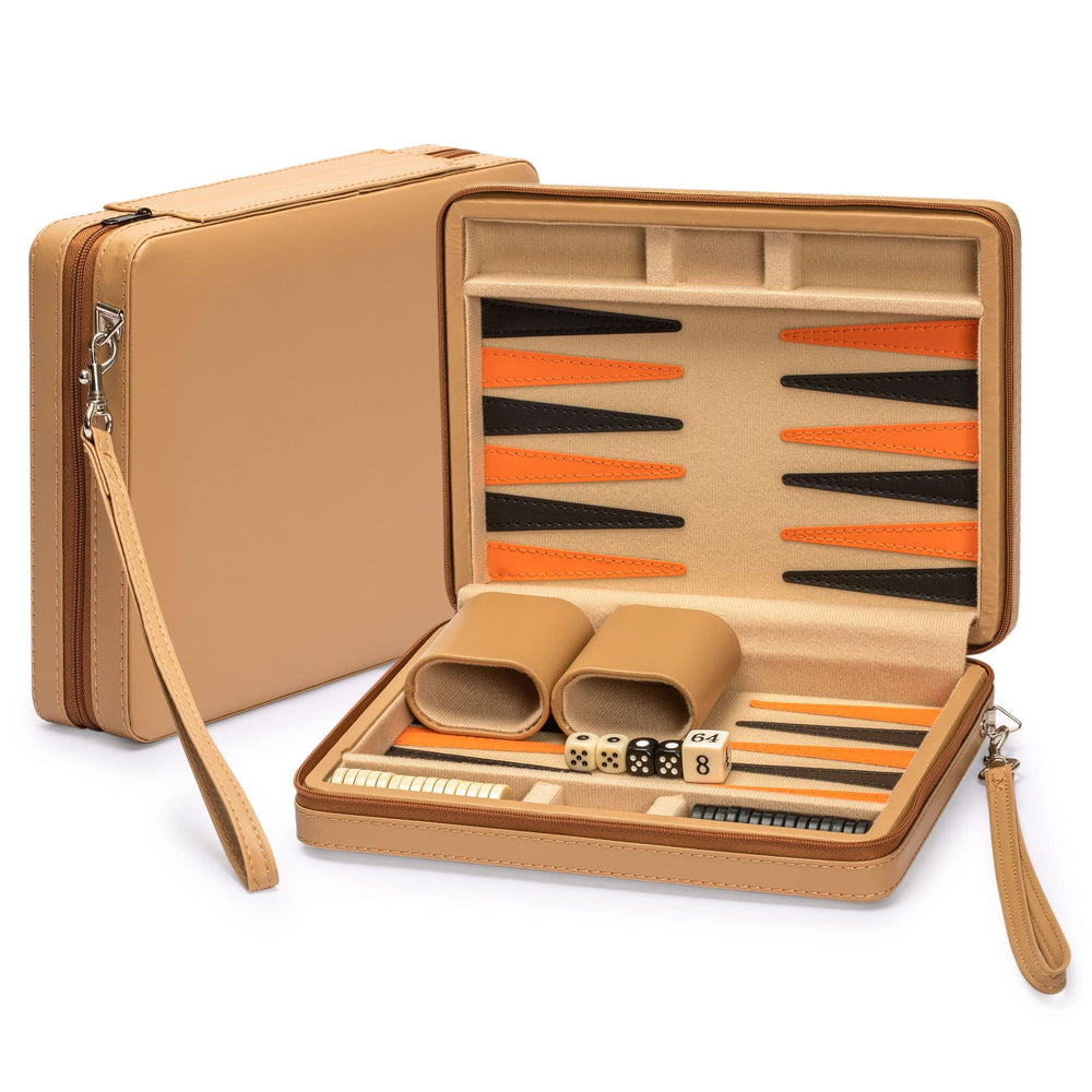 Yellow Mountain Imports travel backgammon set in leatherette case with magnetic pieces for on-the-go play.