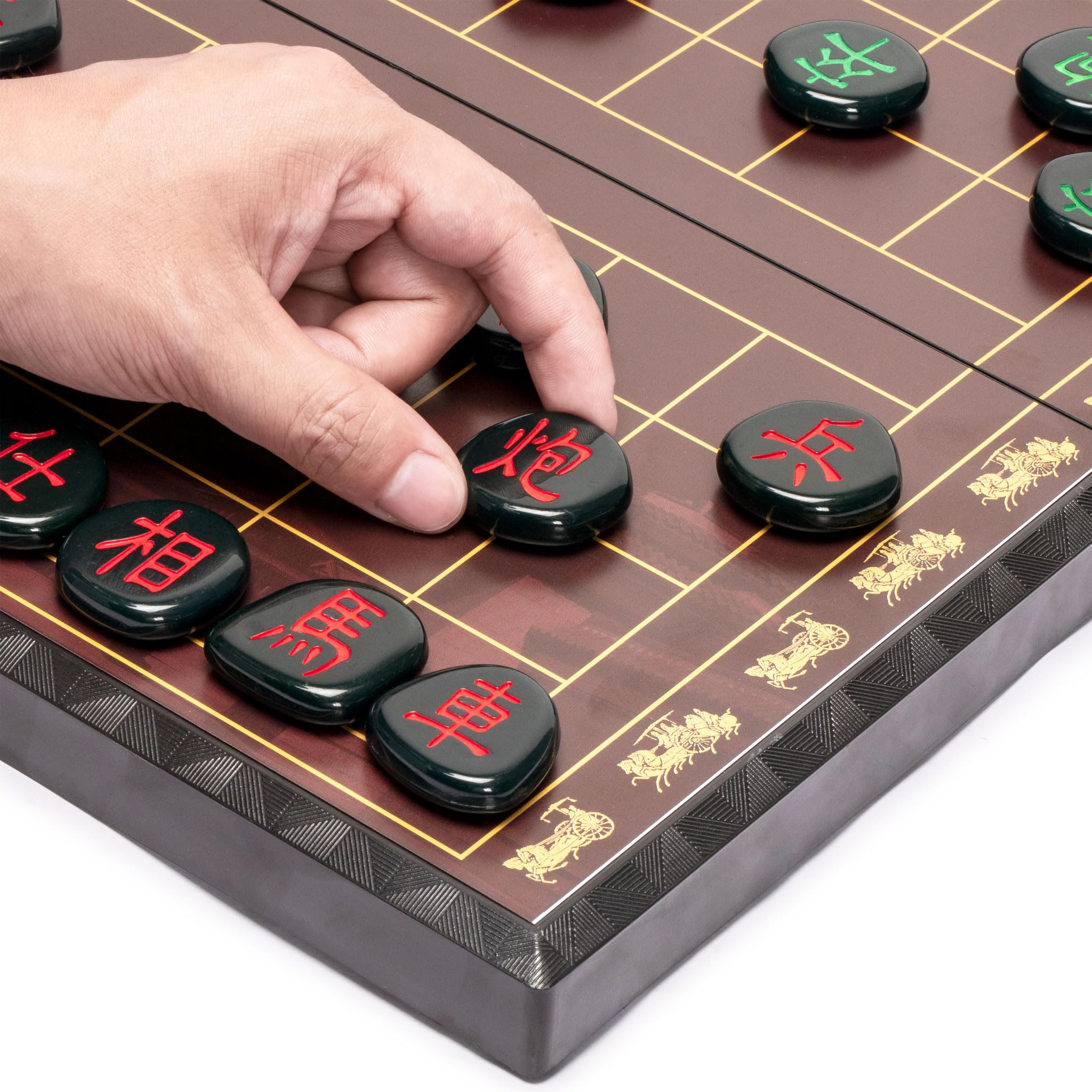 Yellow Mountain Imports Xiangqi storage inside board keeps pieces neatly organized.
