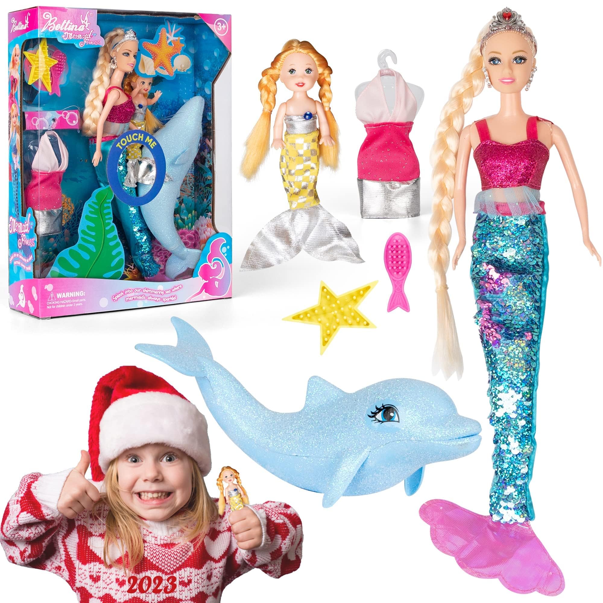 Yellow River mermaid princess doll with 3-inch dolphin sparks adventurous pretend play.