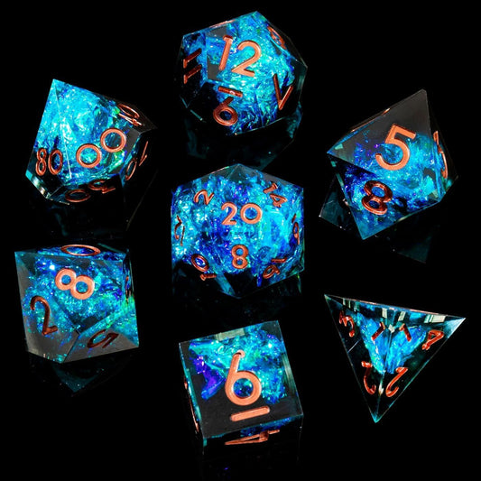 YEMEKO Sharp Edge DND dice set front view showcases premium resin durability for tabletop play.