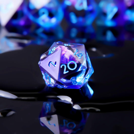 YEMEKO Dragon Eye liquid core dice, blue-purple glow during tabletop play.