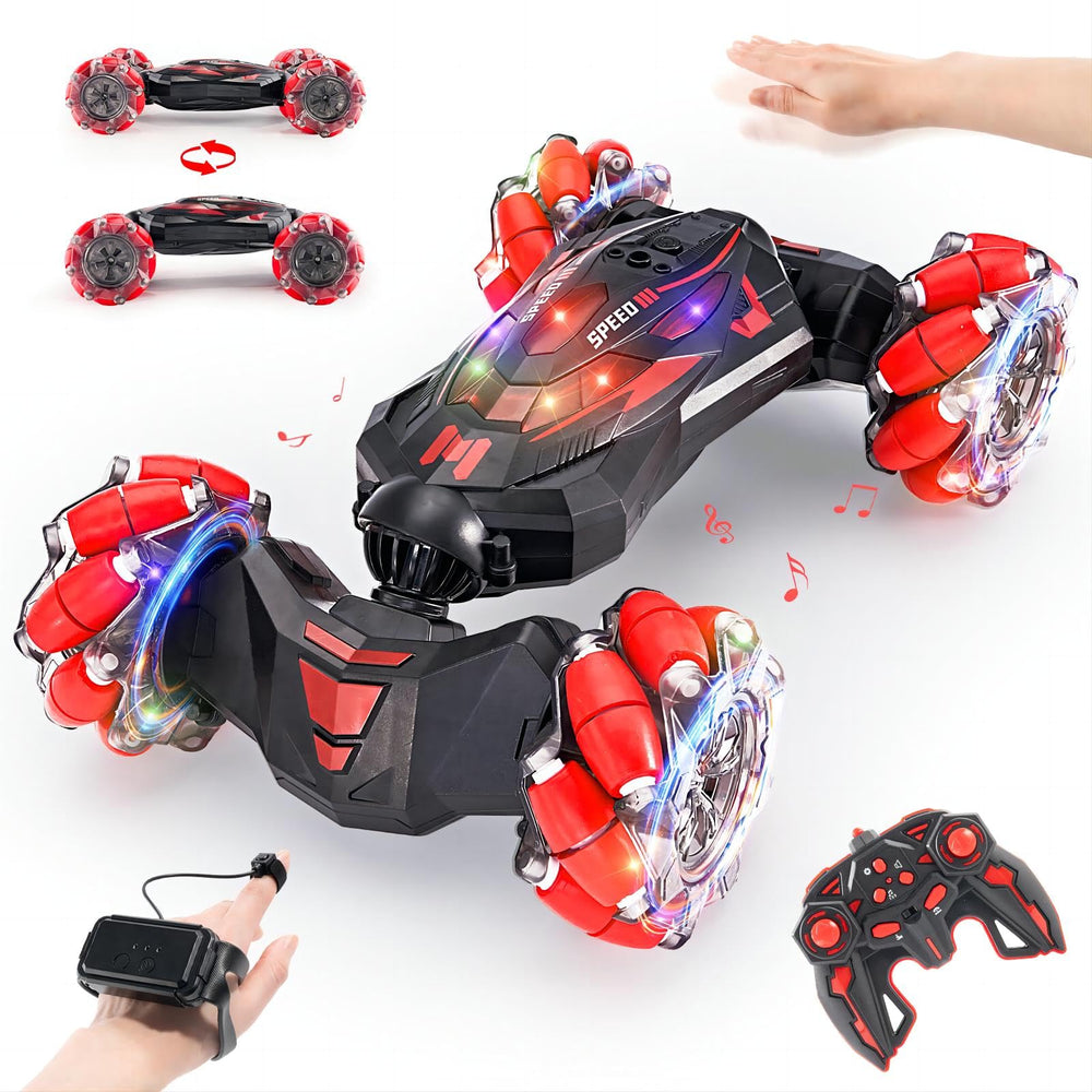 YEMIAI gesture-sensing RC stunt car side view highlights rugged 4WD chassis for all terrains.