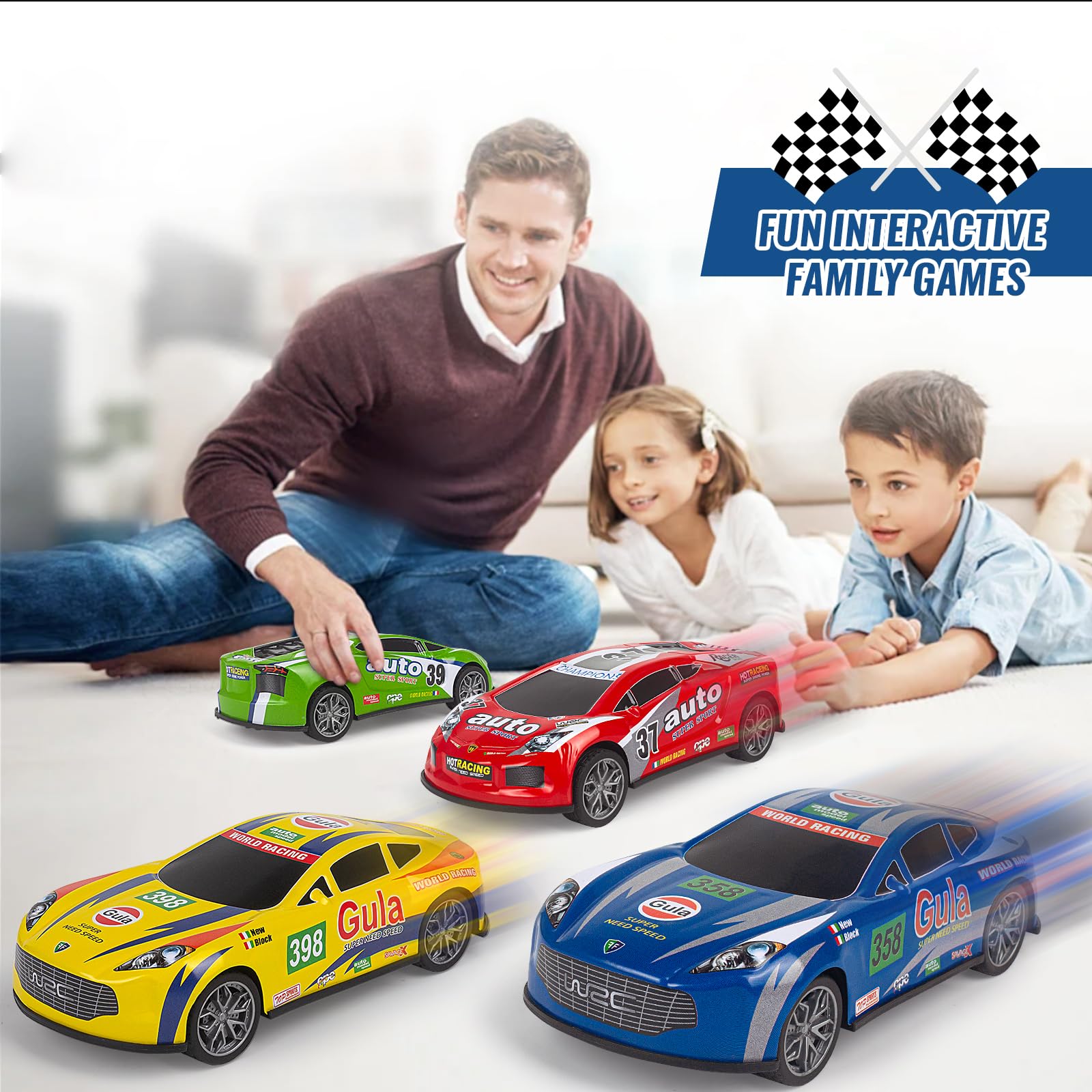 YEQOIZ push-and-go action race trucks in motion, ideal for early motor skills.