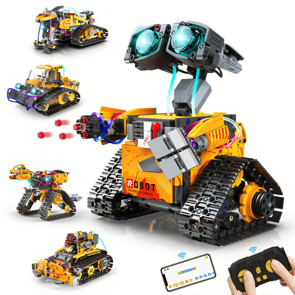 Yerloa 673pcs robot snowmobile model with LED lights for immersive STEM play.