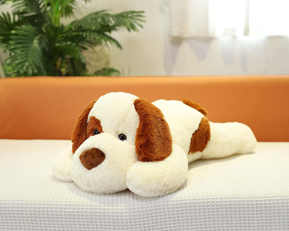 YESGIRL weighted plush dog viewed from the side highlights size.